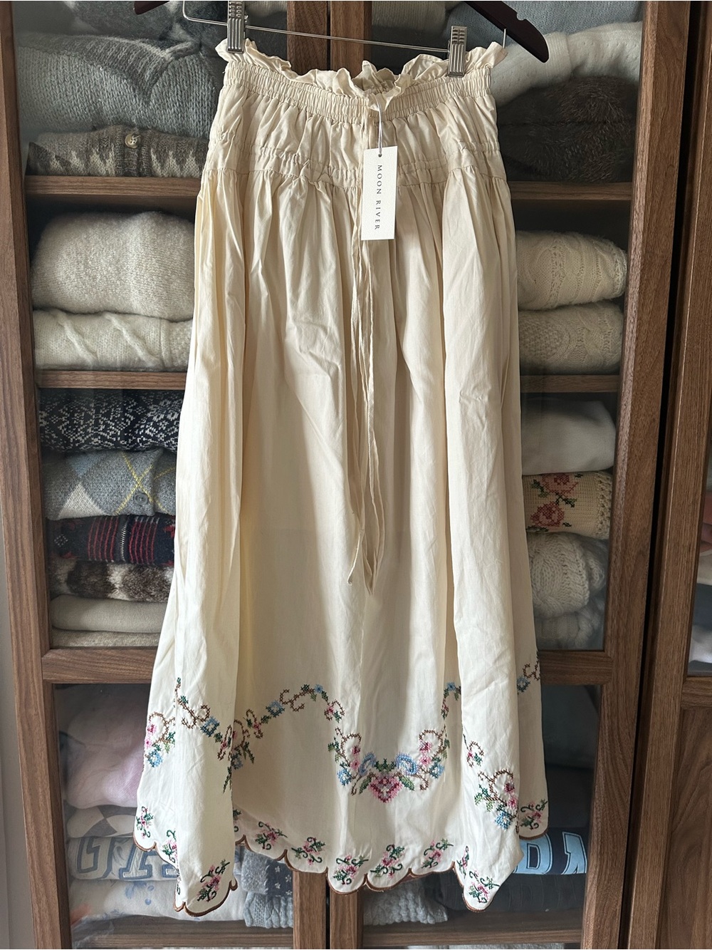 Moon River Cream Midi Skirt with Embroidered Scalloped Hem